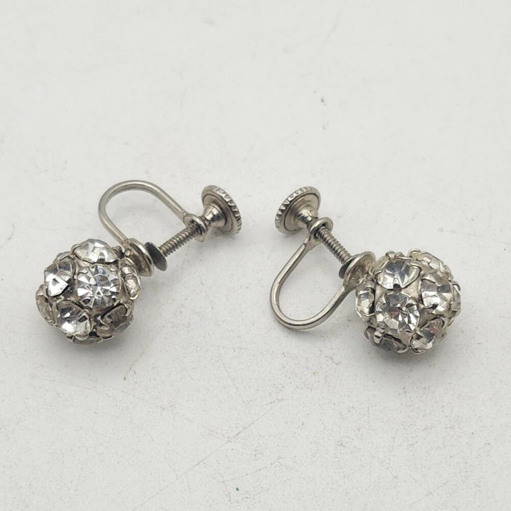 Vintage Clear Rhinestone Ball Screwback Earrings Silver Tone Mid Century Pair